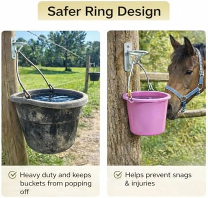 Horse Stall Bucket Hooks, Heavy Duty Metal Ring Bucket Hangers with J-Hook, Wall Mounted Water Feed Bucket Holder for Barn, Stable & Fence, Includes Screws, 4-Pack