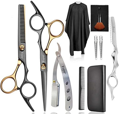 Professional Scissors for Hair, Fcysy Hair Cutting Shears Kit Barber Hairdresser Shears Thinning Scissors Set Straight Edge Razor Salon Supplies for Men, Tijeras De Peluqueria Profesional