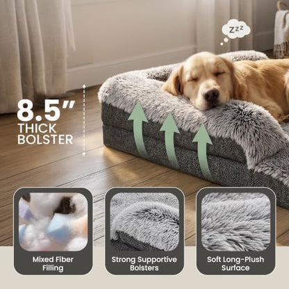 Corner Dog Bed XL, 42" Calming Fluffy Orthopedic Pet Beds, Grey