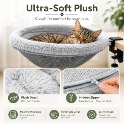 X-Large Cat Desk Bed with Sunken Hammock Design, Soft Faux Rabbit Fur Cover, Removable & Washable, Holds Up to 40lbs – Cozy Desktop Retreat for Cats