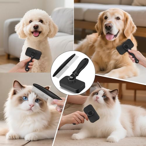 2PCS Self Cleaning Slicker Brush & Dog Comb - Skin Friendly Deshedding Grooming Tool for Dogs, Cats and Small Animals, Professional Deshedding Dematting Tool for Long and Short Haired Pets (Black)