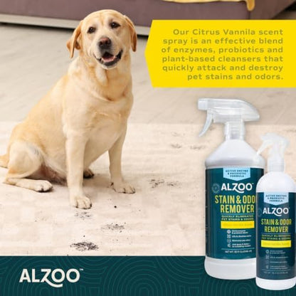 ALZOO Pet Stain & Odor Remover Spray for Dog & Cat Urine, Carpet, Furniture & Floors | Active Enzyme & Probiotic Formula | Citrus Vanilla Scent | Made in USA | 32 oz