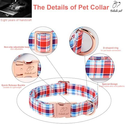 Adjustable Plaid Boy Dog Collar - Classic Boy Dog Plaid Collars for Large Dogs, Durable Red White Blue Heavy Duty Metal Buckle Pet Collar L