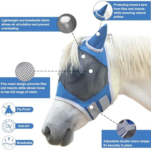 Horse Fly Mask with Ears, Full Face Equine Fly Mask UV Protection