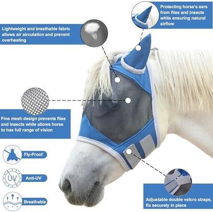 Horse Fly Mask with Ears, Full Face Equine Fly Mask UV Protection