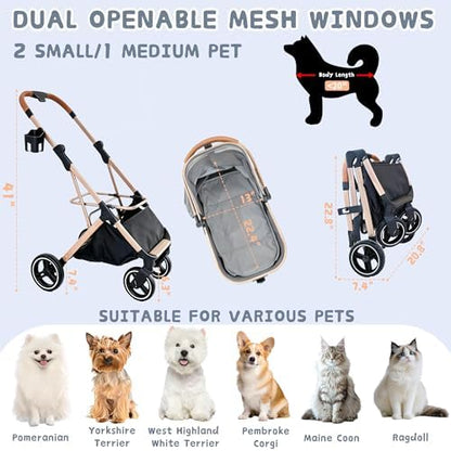 Chihuahua 3-in-1 Foldable Pet Stroller 4-Wheel for Small Dogs,Light Coffee
