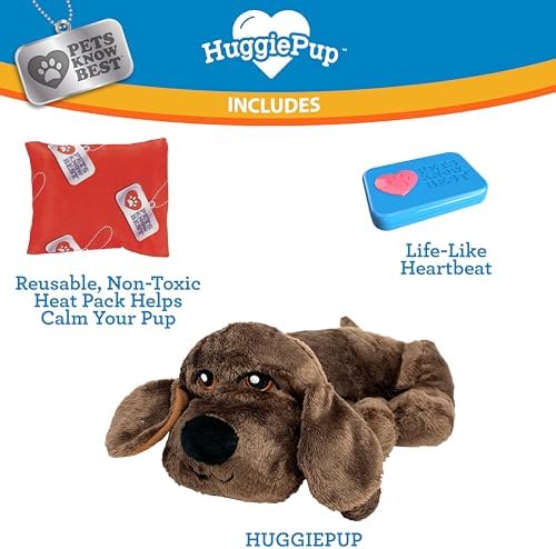 Pets Know Best presents HuggiePup - Cuddly Puppy Behavioral Aid Toy, Great for Crate Training- Pulsing Heartbeat, Heating Pack- Chocolate Dog