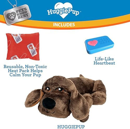 Pets Know Best presents HuggiePup - Cuddly Puppy Behavioral Aid Toy, Great for Crate Training- Pulsing Heartbeat, Heating Pack- Chocolate Dog