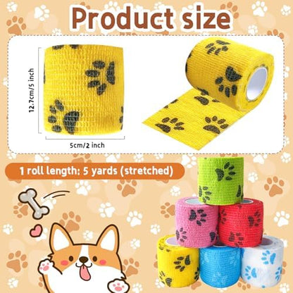 6 Pack 2 Inch x 5 Yards Paw Print Pet Vet Wrap for Dogs, Cats, Horses, Colorful Non-Woven Self-Adhesive Cohesive Bandage Rolls Set for Wound Care, Ankle Sprains, Swelling, and First Aid Protection