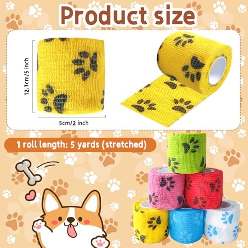 6 Pack 2 Inch x 5 Yards Paw Print Pet Vet Wrap for Dogs, Cats, Horses, Colorful Non-Woven Self-Adhesive Cohesive Bandage Rolls Set for Wound Care, Ankle Sprains, Swelling, and First Aid Protection