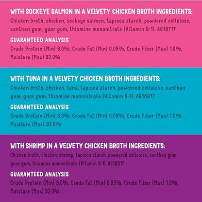 Friskies Purina Grain Free Wet Cat Food Lickable Cat Treats Variety Pack,Lil' Soups with Salmon,Tuna or Shrimp - 1.2 oz. Cups,(Pack of 60)