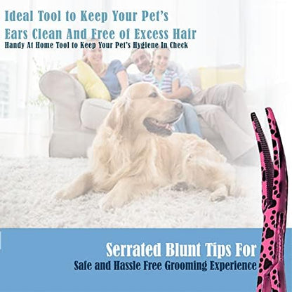 Dog Pet Ear/Nose Hair Puller Grooming Hemostat Locking Forceps Curved Pliers, 5.5" (14cm) Full Serrated Clamps Stainless Steel (Pink Paws)