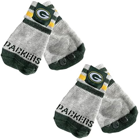 NFL Green Bay Packers Anti Slip Dog Socks with Elastic Ribbed Top, Size X-Small/Small. Indoor/Outdoor Socks, Best Dog Paw Protector, 2 Pairs, Cool Puppy Supplies with NFL Logo of Packers Team
