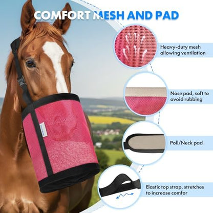 Horse Feed Bag Pack of 2 (Reinforced Bottom Edging), Feed Bags for Horses with Ventilation Mesh, Comfort Nose Pad Neck Pad, Adjustable Strap, Spill Proof Design for Feeding Grain, Supplements