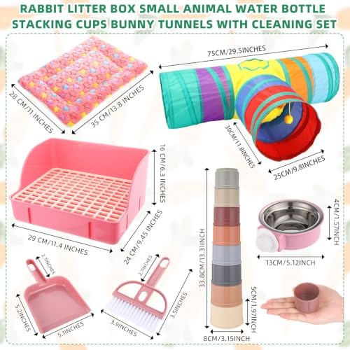 34 Pcs Rabbit Starter Kit Rabbit Litter Box Small Animal Water Bottle Cups Bunny Tunnels Animal Grooming Kit Bowl Blanket with Cleaning Set for Guinea Pig Bunny(Style 1,Light Pink)