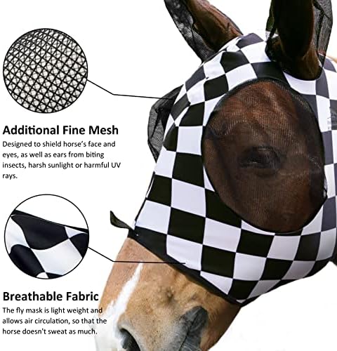 Harrison Howard Super Comfort Stretchy Fly Mask Large Eye Space with UV Protection Soft on Skin with Breathability Checker Board S