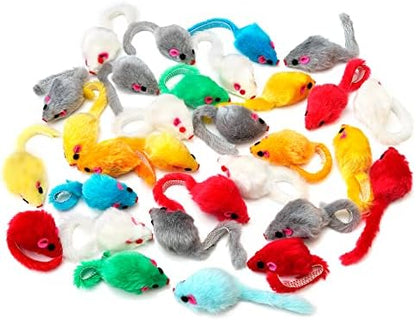CHIWAVA 60PCS 4.1'' Furry Cat Toy Mice Rattle Small Mouse Interactive Play