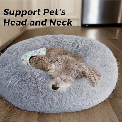 Calming Round Dog Bed & Cat Bed for Indoor Cats, Medium Size Washable Anti-Slip Anti-Anxiety Donut Dog Beds for Small Dogs & Cats, Fluffy Plush Soft Dog Bed(20 Inch, Light Grey)