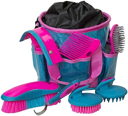 Weaver Equine Horse Grooming Kit, 7-Piece Horse Brush Set with Organizer Tote Bag, Hoof Pick, Comb, Sweat Scraper, Equine Tools for Daily Grooming, Blue Glitter