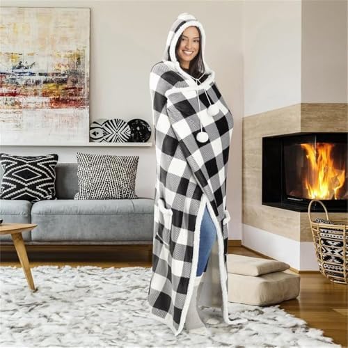 Premium Wearable Hooded Blanket for Adult Women and Men 71"x51" - Super Soft, Lightweight, Microplush, Cozy and Functional Throw Blanket Buffalo Plaid White/Black