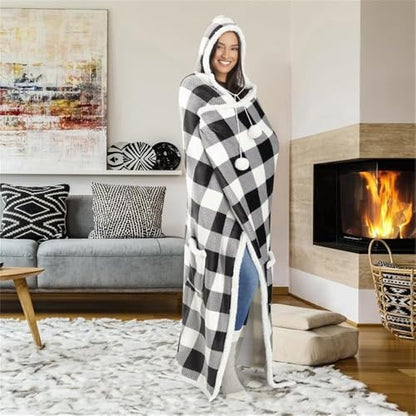 Premium Wearable Hooded Blanket for Adult Women and Men 71"x51" - Super Soft, Lightweight, Microplush, Cozy and Functional Throw Blanket Buffalo Plaid White/Black