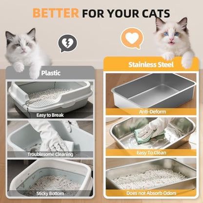 Stainless Steel Cat Litter Box, XXL High Sided Open Top Litter Pan, 1 Scoop