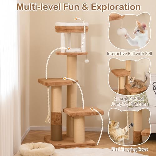 PETSITE 65 Inch Tall Cat Tree, Multi-Level Cat Tower with Scratching Posts, Soft Faux Rabbit Fur Padded Perches, Removable Cushion, Sisal Rope, and Dangling Ball, Modern Cat Tree Tower for Indoor Cats