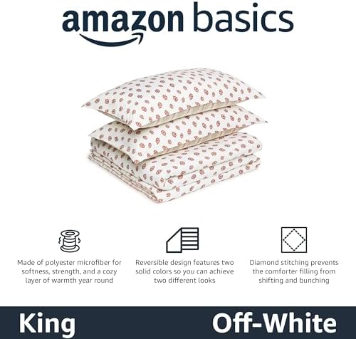 Amazon Basics Lightweight Polyester Microfiber Comforter Set, 3-Pieces, Off White Floral, King