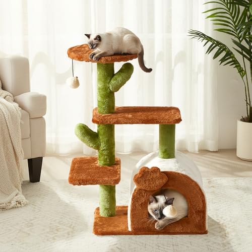 Cactus Cat Tree for Indoor Cats with Cozy Condo Wide Top Perch 27.5", Multi-Level Cat Tower with Climbing and Lounging Space Plush, Toy Ball, Brown