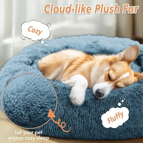JOLLYVOGUE Calming Dog Bed for Small Dogs - 23 inches Donut Washable Small Dog Bed for Kittens & Puppies, Anti-Slip Round Fluffy Plush Faux Fur Cat Beds (Fits up to 25 lbs Pets, Blue)