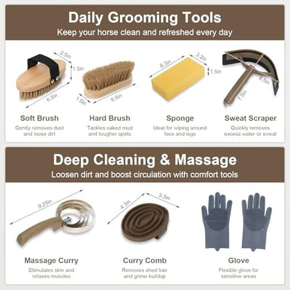Horse Grooming Kit 14 Pieces, Horse Brushes for Grooming Supplies Set