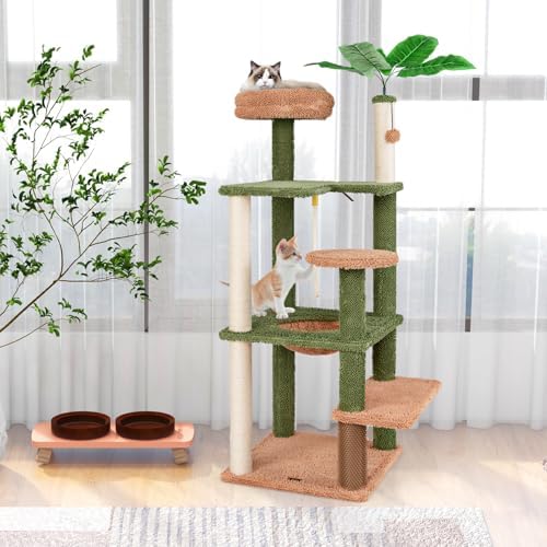 PETSITE 60 inch Cactus Cat Tree Tower, Multi-Level Cat Tower with Sisal Scratching Posts, Sisal Rope, Hanging Ball, Self Groomer and Decorative Faux Plant, Cute Cat Tree for Indoor Cats