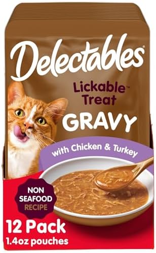 Delectables Lickable Treat Gravy Non-Seafood Wet Cat Treat with Real Chicken & Turkey, Food Topper, Hydrating, Grain-Free, No Fillers, By-Products, Added Preservatives, 1.4oz Pouch, 12ct