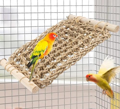 FlidRunest Conure Ladder Perch for Cage, Bird Seagrass Ladder Bridge Exercise Stands, Natural Hand-Woven Parrot Net Climbing Chewing Hammock, Cage Accessories