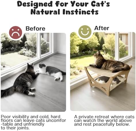 Double-Layer Cat Hammock Bed, Wooden Elevated Cat Beds with Natural Sisal Scratching Mat, Cats Scratcher Bed with Removable Soft Cushion, Cats Scratching Beds with Wood Frames