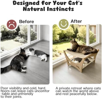 Double-Layer Cat Hammock Bed, Wooden Elevated Cat Beds with Natural Sisal Scratching Mat, Cats Scratcher Bed with Removable Soft Cushion, Cats Scratching Beds with Wood Frames