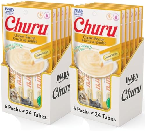 INABA Churu Cat Treats, Grain-Free, Lickable, Squeezable Creamy Purée Cat Treat/Topper with Vitamin E & Taurine, 0.5 Ounces Each Tube, 48 Tubes (4 per Pack), Chicken Recipe