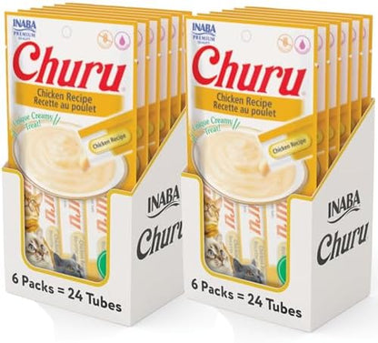 INABA Churu Cat Treats, Grain-Free, Lickable, Squeezable Creamy Purée Cat Treat/Topper with Vitamin E & Taurine, 0.5 Ounces Each Tube, 48 Tubes (4 per Pack), Chicken Recipe