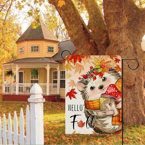 Dyrenson Hello Fall Hedgehog Decorative Garden Flag, Autumn Maple Leaves