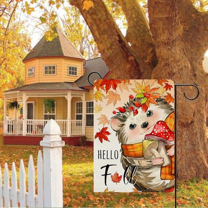 Dyrenson Hello Fall Hedgehog Decorative Garden Flag, Autumn Maple Leaves