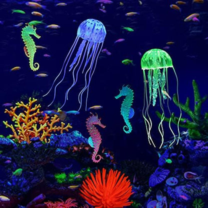 Lpraer 6 Pieces Glow Aquarium Ornaments Artificial Glow Floating Jellyfish Seahorse Anemones Silicone Simulation Fish Tank Decorations for Fish Tank
