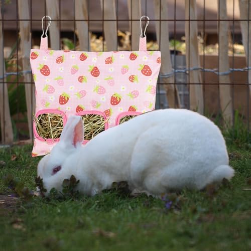 Lesnala 2 Pcs Canvas Hanging Bunny Hay Feeder Bags 3 Holes 2 Styles