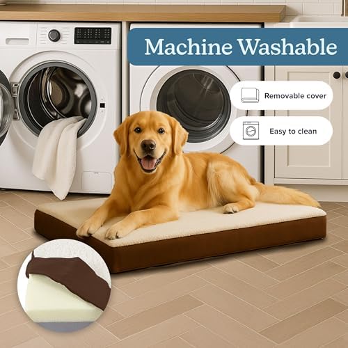 Orthopedic Dog Bed - 2-Layer Memory Foam Crate Mat with Machine Washable Sherpa Cover - 36x27 Pet Bed for Large Dogs Up to 65lbs by PETMAKER (Brown)