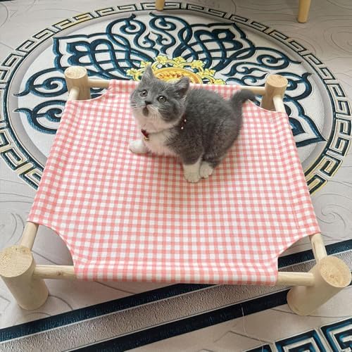 Pozico Elevated Cat & Dog Bed – Wooden Frame Pet Hammock for Small Dogs & Cats, Indoor/Outdoor Raised Bed with Breathable Mesh, Portable Pet Cot Furniture – Pink Grid