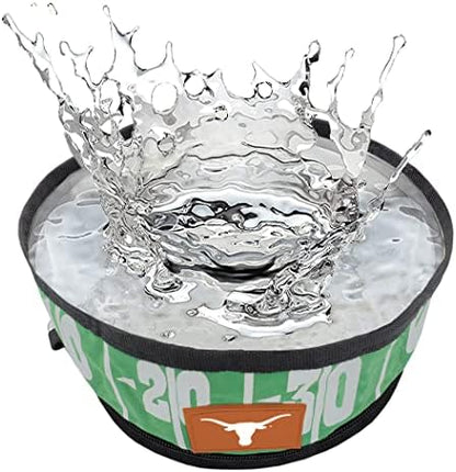 Pets First NCAA Texas Longhorns Collapsible Dog Travel Bowl, Food and Water Bowl for Dogs & Cats. Lightweight Leak-Proof Pet Bowl for Travel with Football Field & Pebble-Grain Design