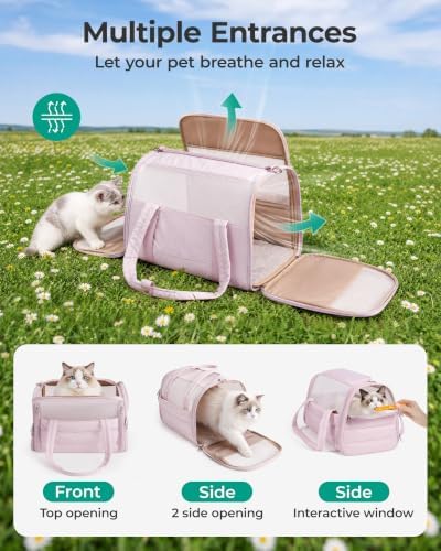 BAGSMART Rolling Cat Carrier with Wheels, Soft-Sided Pet Travel Bag, Pink