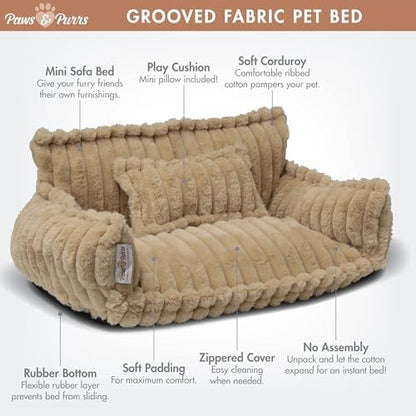 Grooved Pet Bed for Small to Medium Dogs or Cats, Soft Ribbed Corduroy-Style Polyester Fabric, Supportive Bolsters, Removable Cover, Non-Slip Base, Sofa Pet Lounger with Mini Play Cushion, Camel