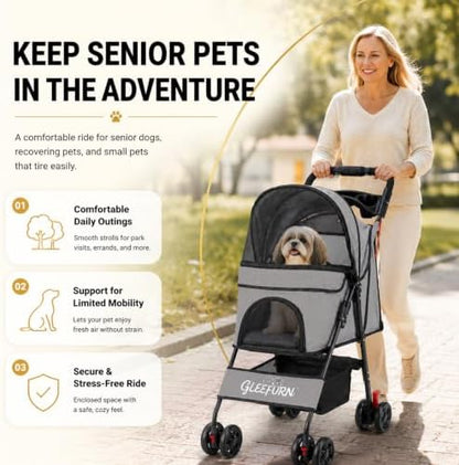Dog Stroller, Pet Stroller with 4 Wheels, Foldable Dog Strollers for Small Medium Dogs & Cats, Cat Stroller with Storage Basket, Breathable Mesh, 360° Wheels & Rear Brakes Grey