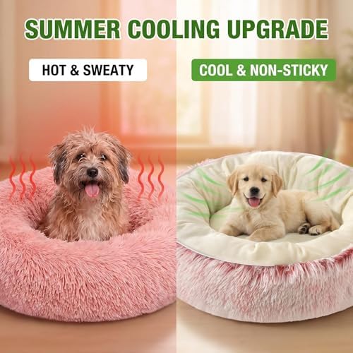 Calming Donut Pet Bed, Fluffy Long Fur Outer & Short Fur Inner, Sweat-Free & Cozy, Non-Slip Bottom, for Small Medium Dogs, Cats, Puppies & Kittens (Pink, 19.7 in)