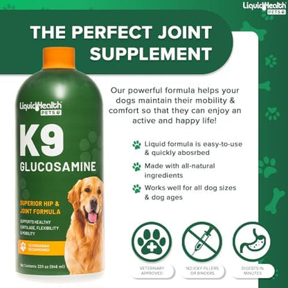 LIQUIDHEALTH Pets K9 Liquid Glucosamine for Dogs, Puppies, Senior Canines with Chondroitin, MSM, Hyaluronic Acid - Dog Vitamins for Hip Joint Health, Dog Joint Oil, Joint Juice - Made in USA (2 Pack)